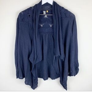 Knitted & Knotted Anthropologie Blue Linen Crochet Open Front Drapey Cardigan